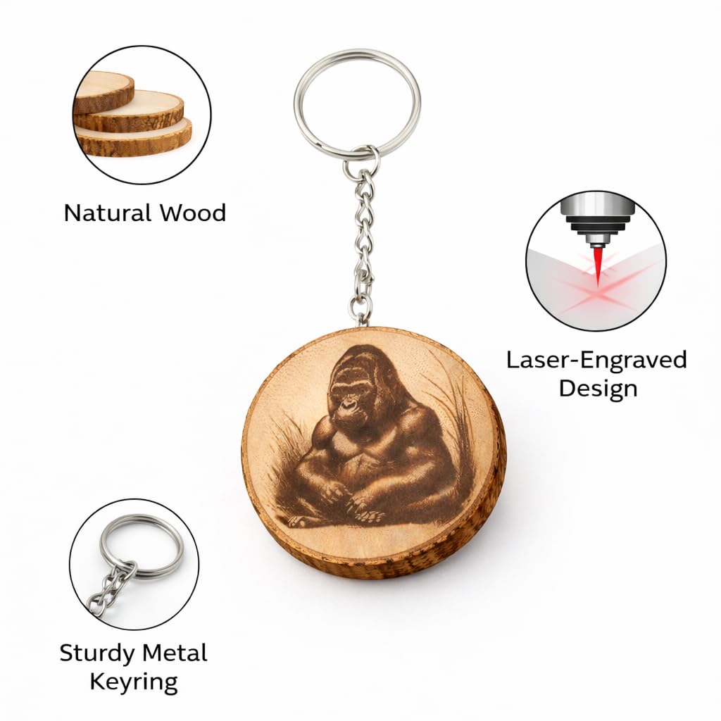 Promotech Entspannter Gorilla Schlüsselanhänger – Handgefertigter, Laser-gravierter Holz-Schlüsselring – Einzigartiges Einzelstück mit Gorilla-Motiv