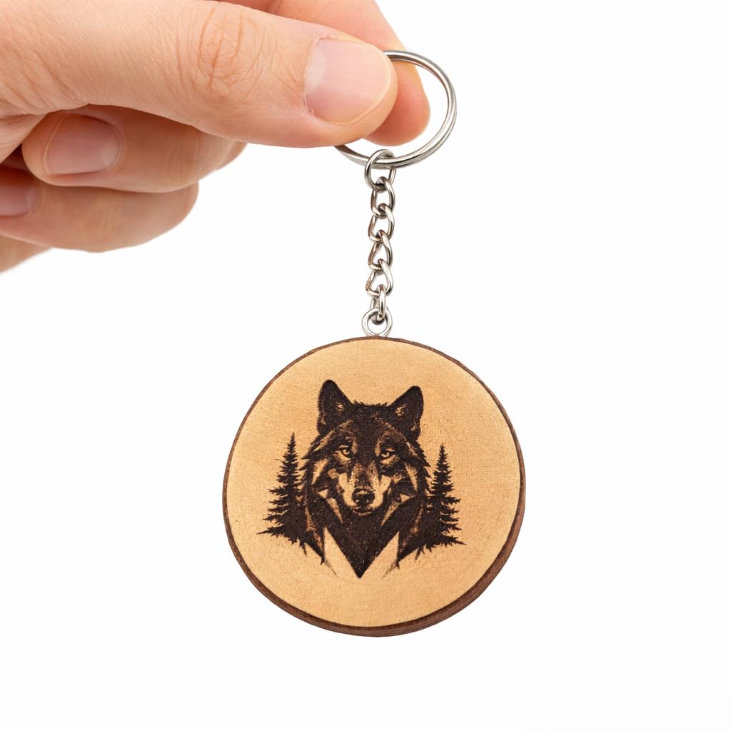 Wolf im geometrischen Design Lasergravierter Holz Schlüsselanhänger