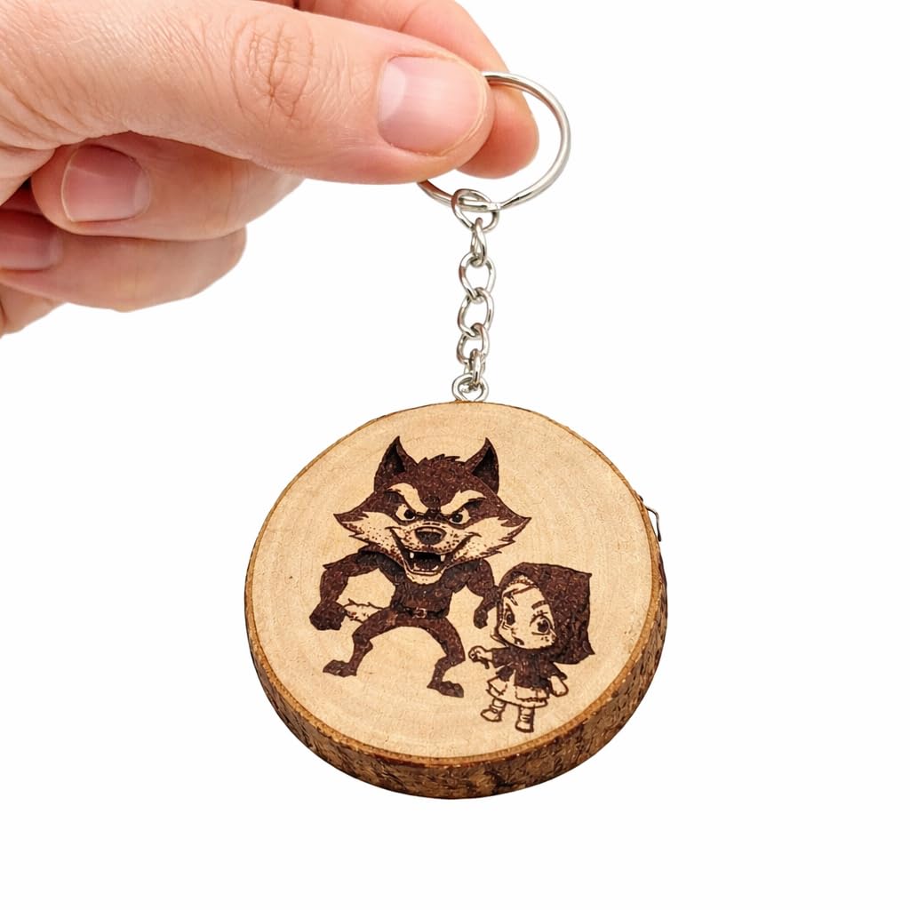 Rotkäppchen und der böse Wolf Lasergravierter Holz Schlüsselanhänger