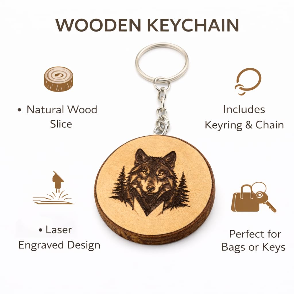Wolf im geometrischen Design Lasergravierter Holz Schlüsselanhänger
