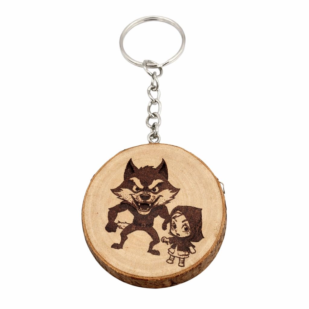 Rotkäppchen und der böse Wolf Lasergravierter Holz Schlüsselanhänger