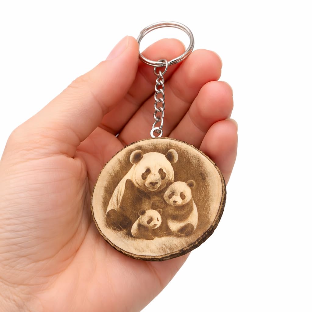 Promotech Panda Familie Handgefertigter Lasergravierter Holz-Schlüsselanhänger – Einzigartiger Naturholz-Schlüsselring für Tierliebhaber & Symbol für Familie und Zusammenhalt