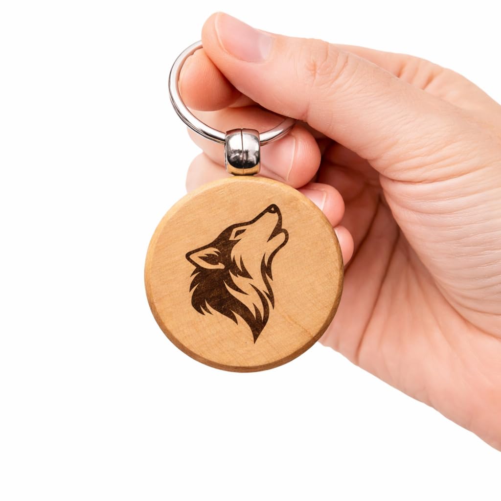 Minimaler Wolf Lasergravierter Holz Schlüsselanhänger