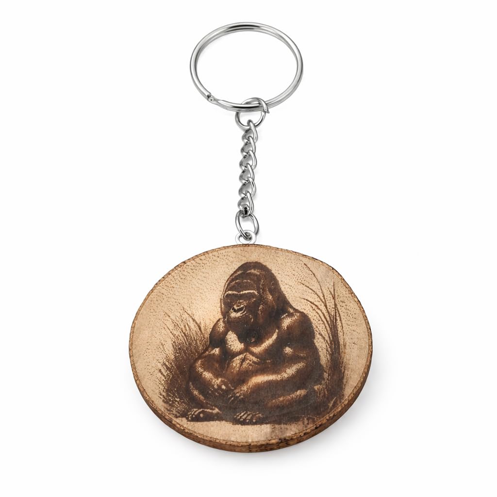 Promotech Entspannter Gorilla Schlüsselanhänger – Handgefertigter, Laser-gravierter Holz-Schlüsselring – Einzigartiges Einzelstück mit Gorilla-Motiv
