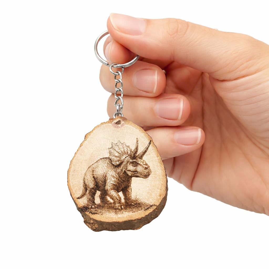 Triceratops Dinosaurier Lasergravierter Holz Schlüsselanhänger