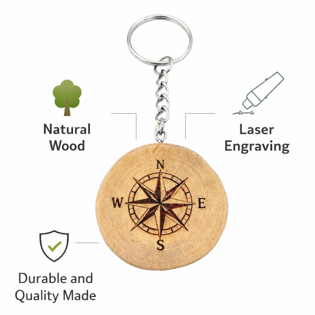 Kompass Lasergravierter Holz Schlüsselanhänger
