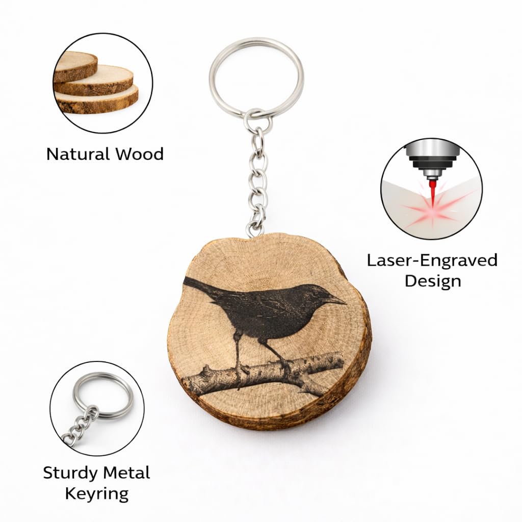 Amsel Lasergravierter Holz Schlüsselanhänger