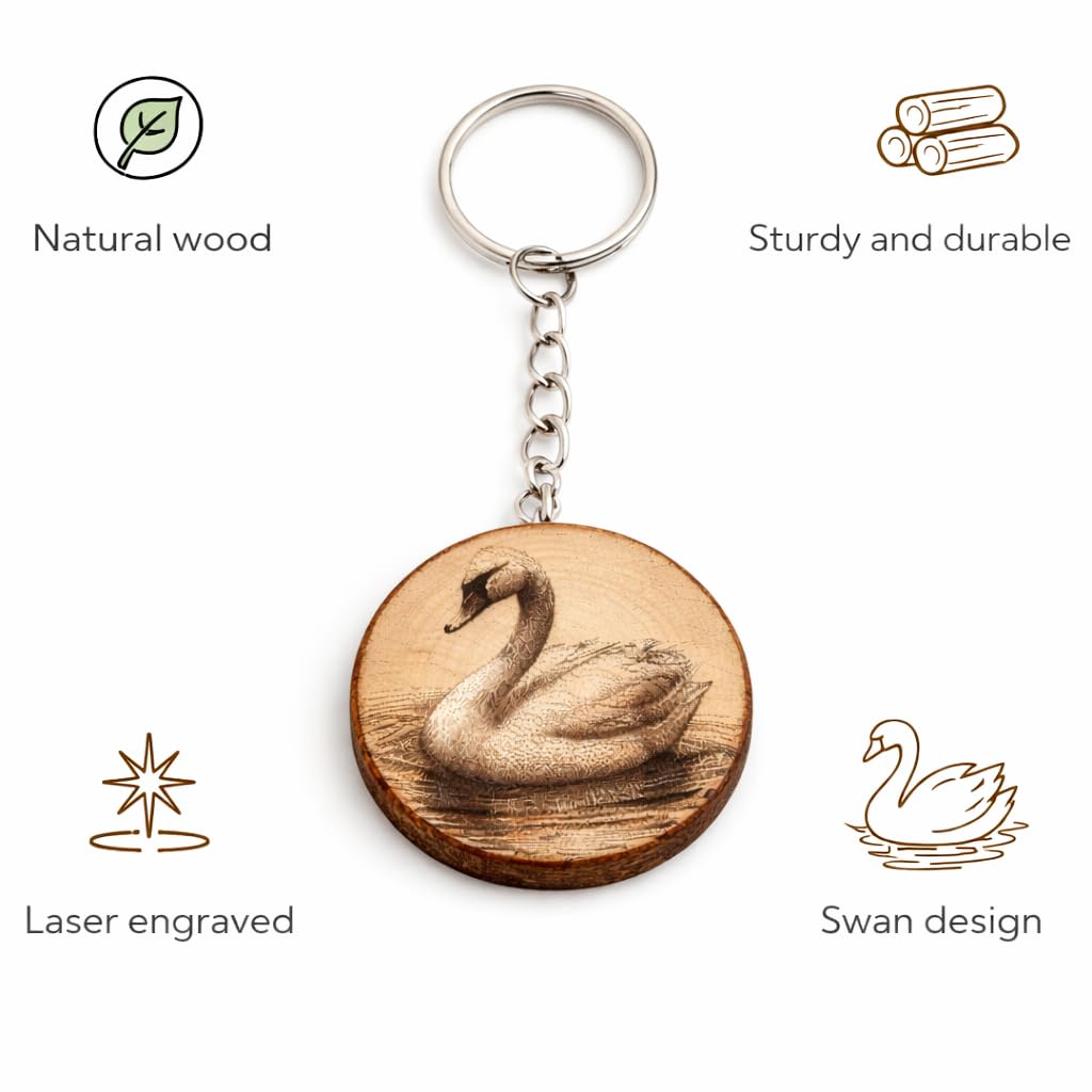 Promotech Der Schwan Handgefertigter Lasergravierter Holz-Schlüsselanhänger – Eleganter Naturholz-Schlüsselring für Tierliebhaber & Symbol für Reinheit und Schönheit