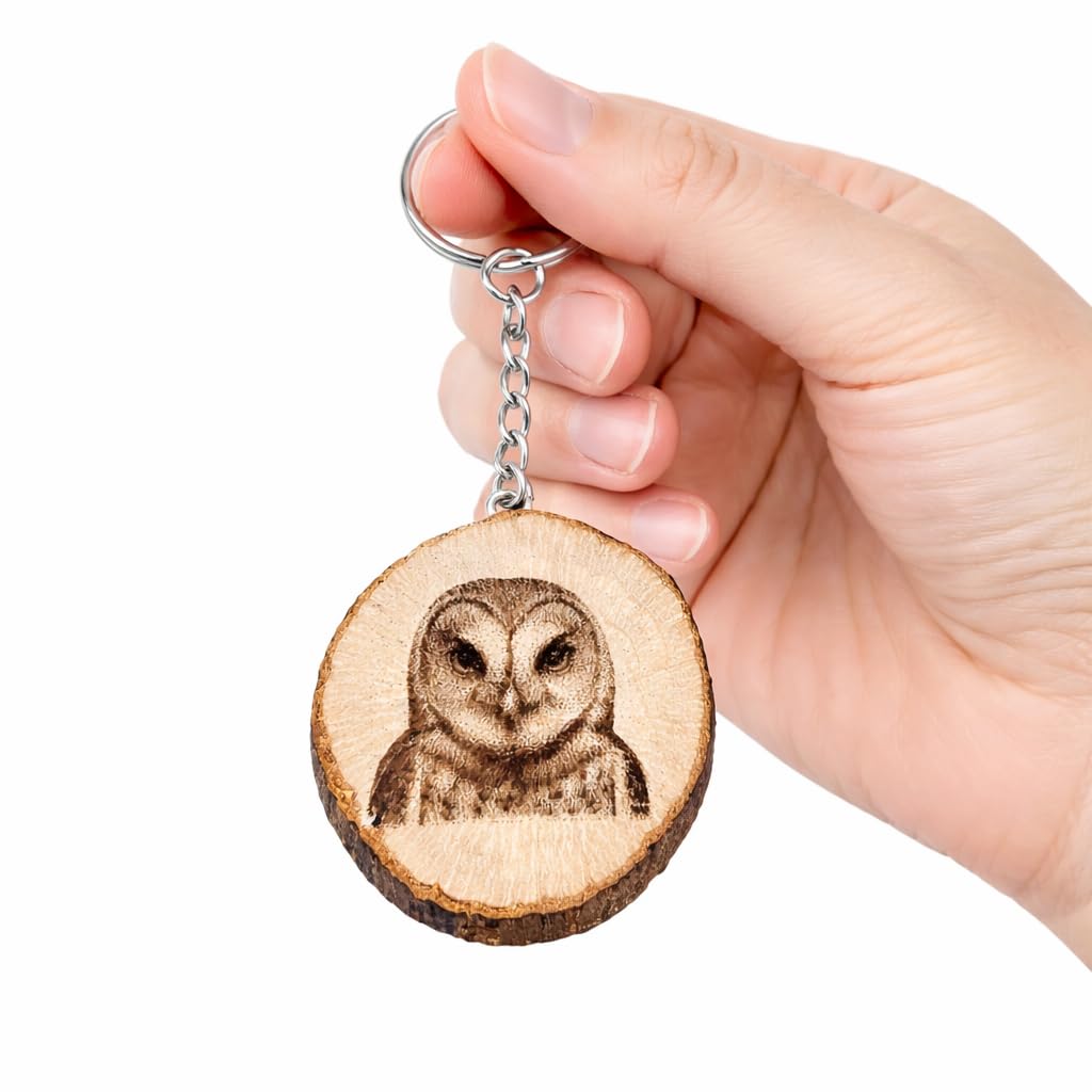 Promotech Schleiereule Greifvogel Handgefertigter Lasergravierter Holz-Schlüsselanhänger – Einzigartiger Naturholz-Schlüsselring für Tierliebhaber & Eulenfreunde