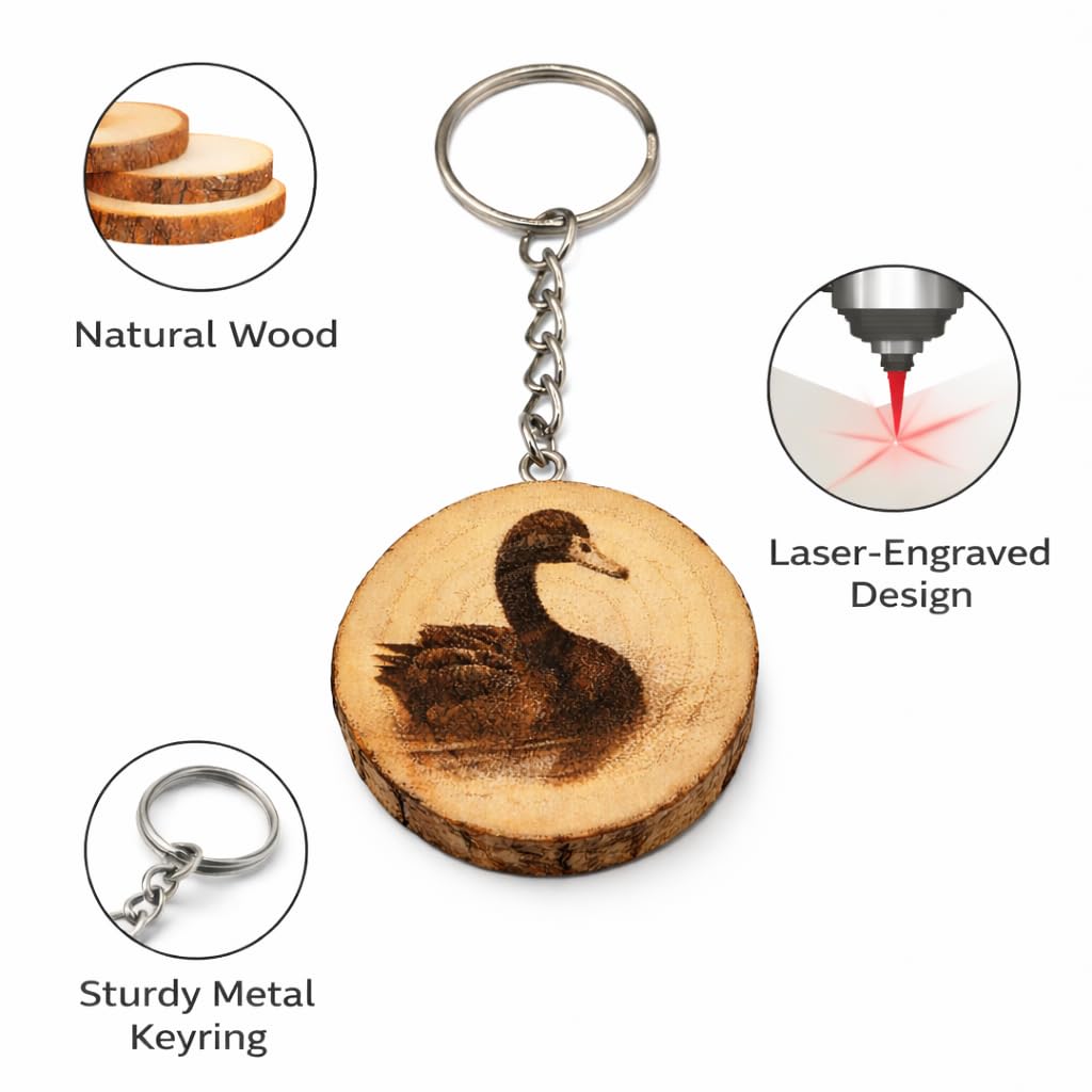 Promotech Schwarzer Schwan Handgefertigter Lasergravierter Holz-Schlüsselanhänger – Einzigartiger Naturholz-Schlüsselring für Tierliebhaber & Symbol der Eleganz
