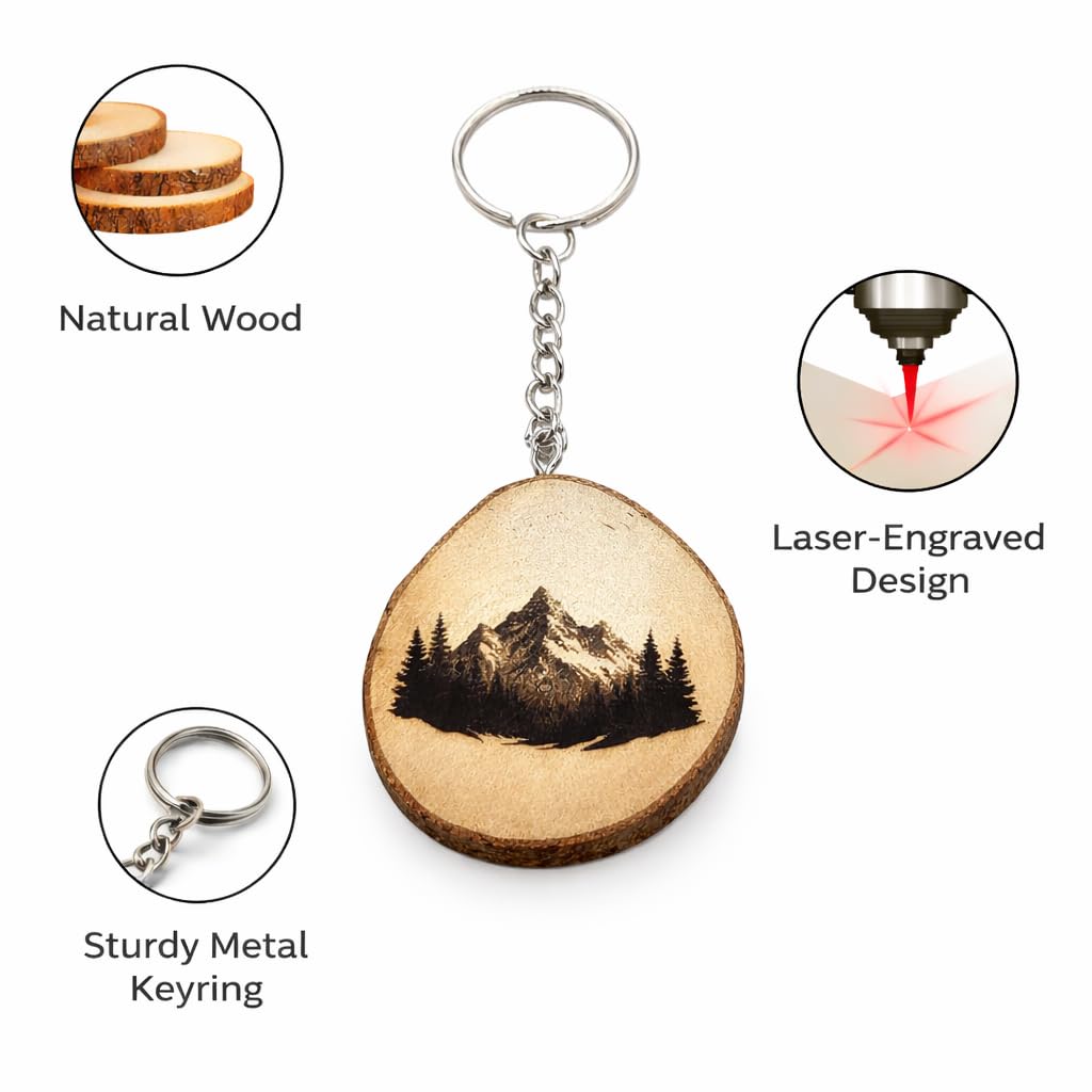 Berglandschaft mit Baum Lasergravierter Holz Schlüsselanhänger