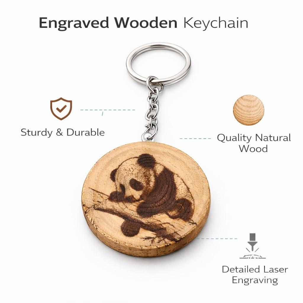 Promotech Sleeping Panda Handgefertigter Lasergravierter Einzelstück Schlüsselanhänger aus Holz – Süßes Tiermotiv, Naturholz, Geschenkidee für Panda- und Tierliebhaber