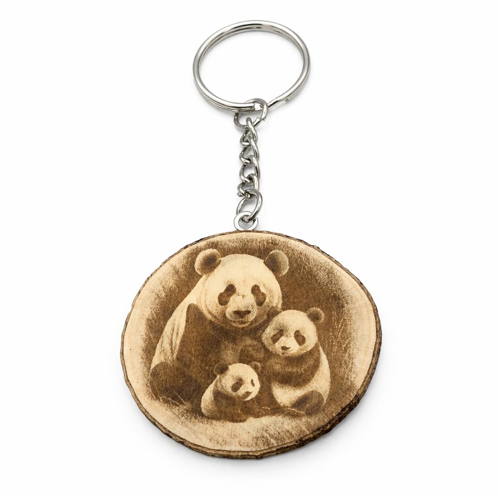 Promotech Panda Familie Handgefertigter Lasergravierter Holz-Schlüsselanhänger – Einzigartiger Naturholz-Schlüsselring für Tierliebhaber & Symbol für Familie und Zusammenhalt