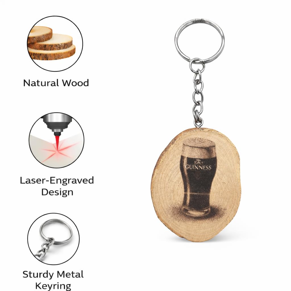 Promotech Irish Stout Bier Handgefertigter Lasergravierter Einzelstück Schlüsselanhänger aus Holz – Biermotiv, Naturholz, Geschenkidee für Bierliebhaber und Irland-Fans