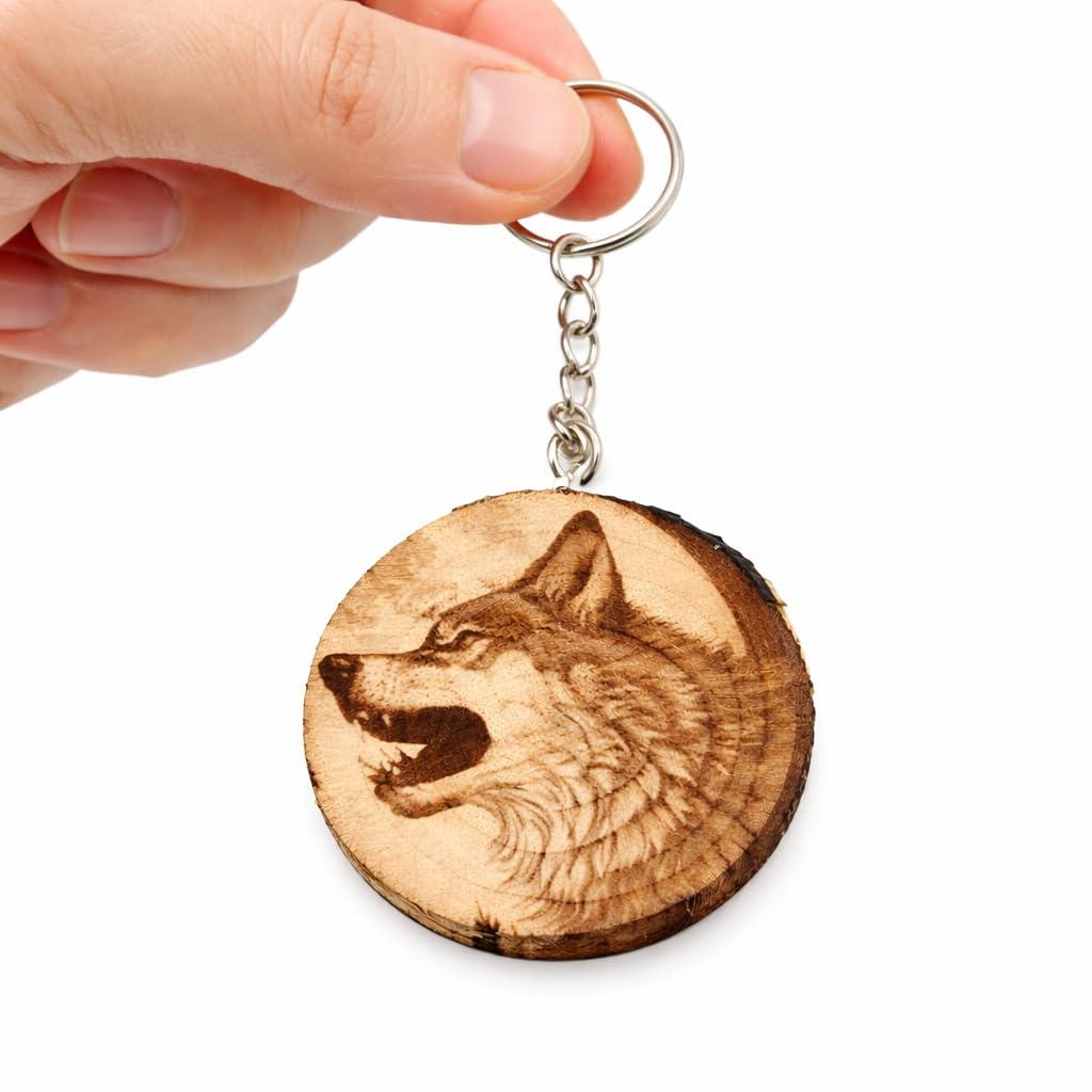 Wolf Lasergravierter Holz Schlüsselanhänger