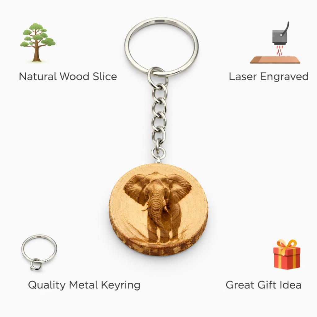 Promotech Elefant Handgefertigter Lasergravierter Einzelstück Schlüsselanhänger aus Holz – Symbol für Stärke und Weisheit
