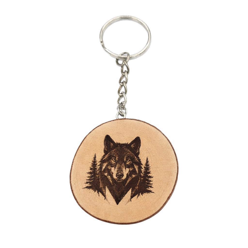 Wolf im geometrischen Design Lasergravierter Holz Schlüsselanhänger