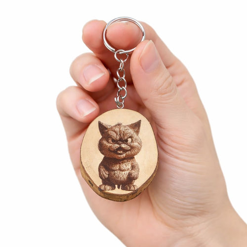 Angry Cartoon Cat Lasergravierter Holz Schlüsselanhänger