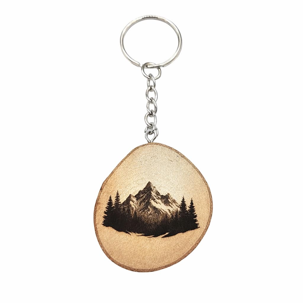 Berglandschaft mit Baum Lasergravierter Holz Schlüsselanhänger