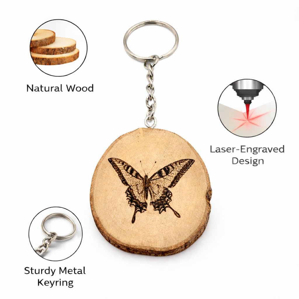 Promotech Ritterfalter Schmetterling Handgefertigter Lasergravierter Einzelstück Schlüsselanhänger aus Holz – Naturholz, Insektenmotiv, Geschenkidee für Naturliebhaber und Schmetterlingsfreunde