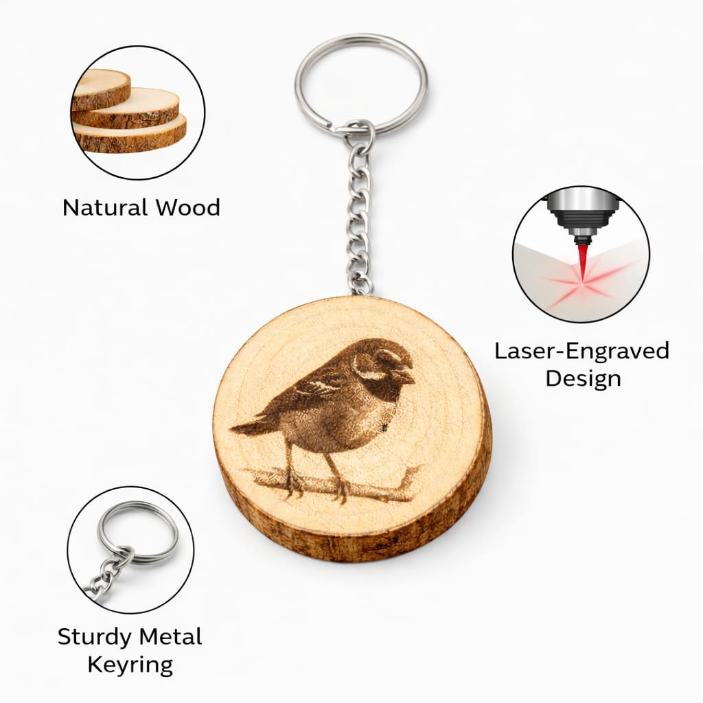Spatz Lasergravierter Holz Schlüsselanhänger