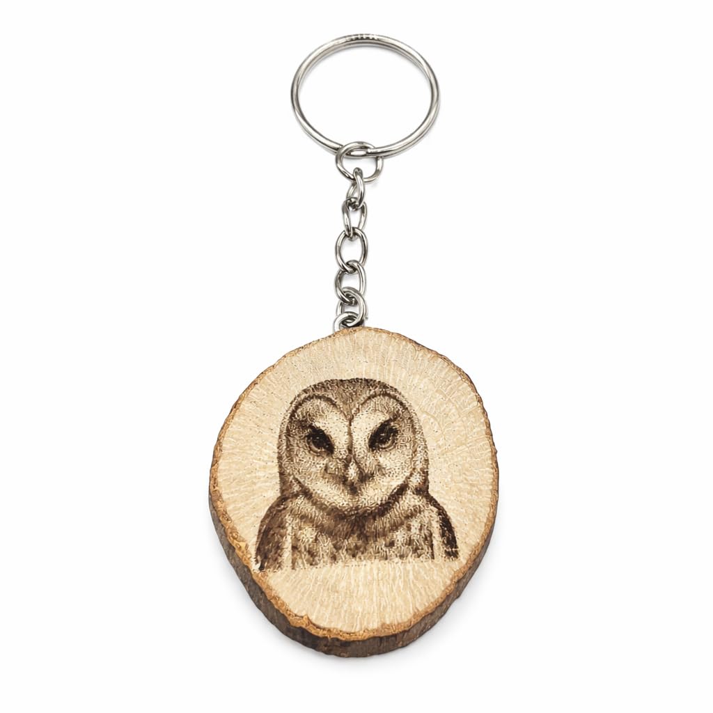 Promotech Schleiereule Greifvogel Handgefertigter Lasergravierter Holz-Schlüsselanhänger – Einzigartiger Naturholz-Schlüsselring für Tierliebhaber & Eulenfreunde