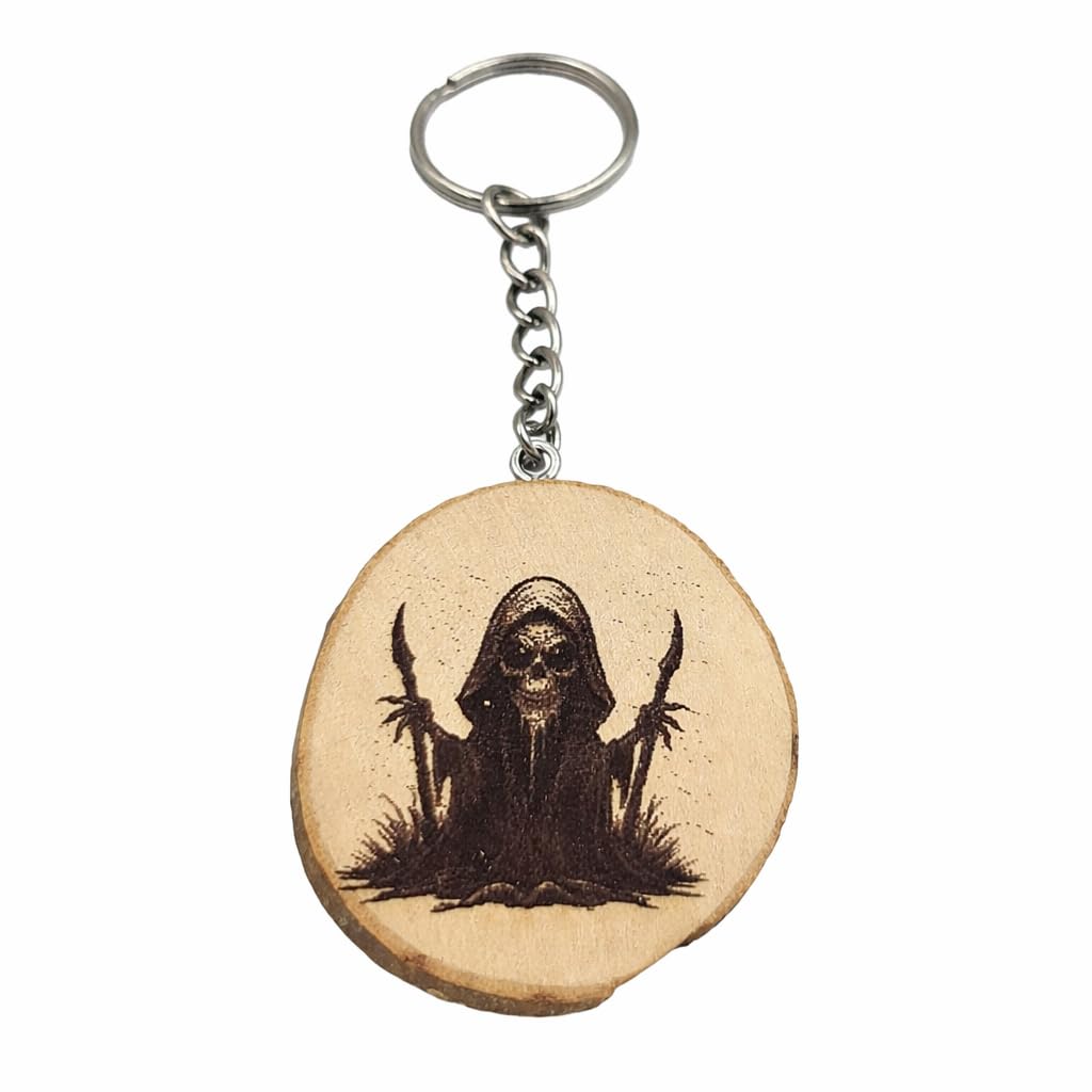 Promotech Sensenmann Grim Reaper Handgefertigter Lasergravierter Einzelstück Schlüsselanhänger aus Holz – Düsteres Design für Fans von Horror & Gothic