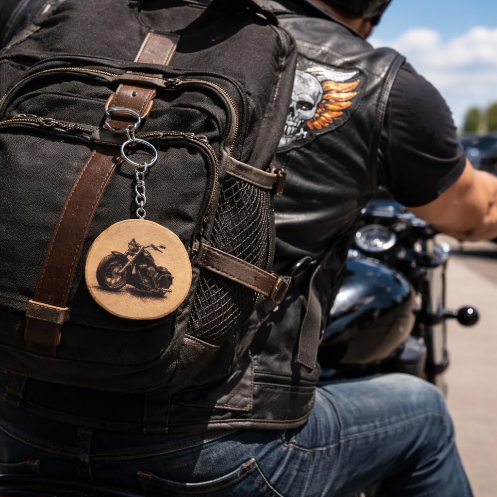 Promotech Harley Motorrad Schlüsselanhänger – Handgefertigter Holz-Anhänger mit Lasergravur – Robustes Accessoire für Motorradfans