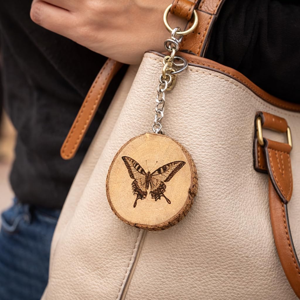 Promotech Ritterfalter Schmetterling Handgefertigter Lasergravierter Einzelstück Schlüsselanhänger aus Holz – Naturholz, Insektenmotiv, Geschenkidee für Naturliebhaber und Schmetterlingsfreunde