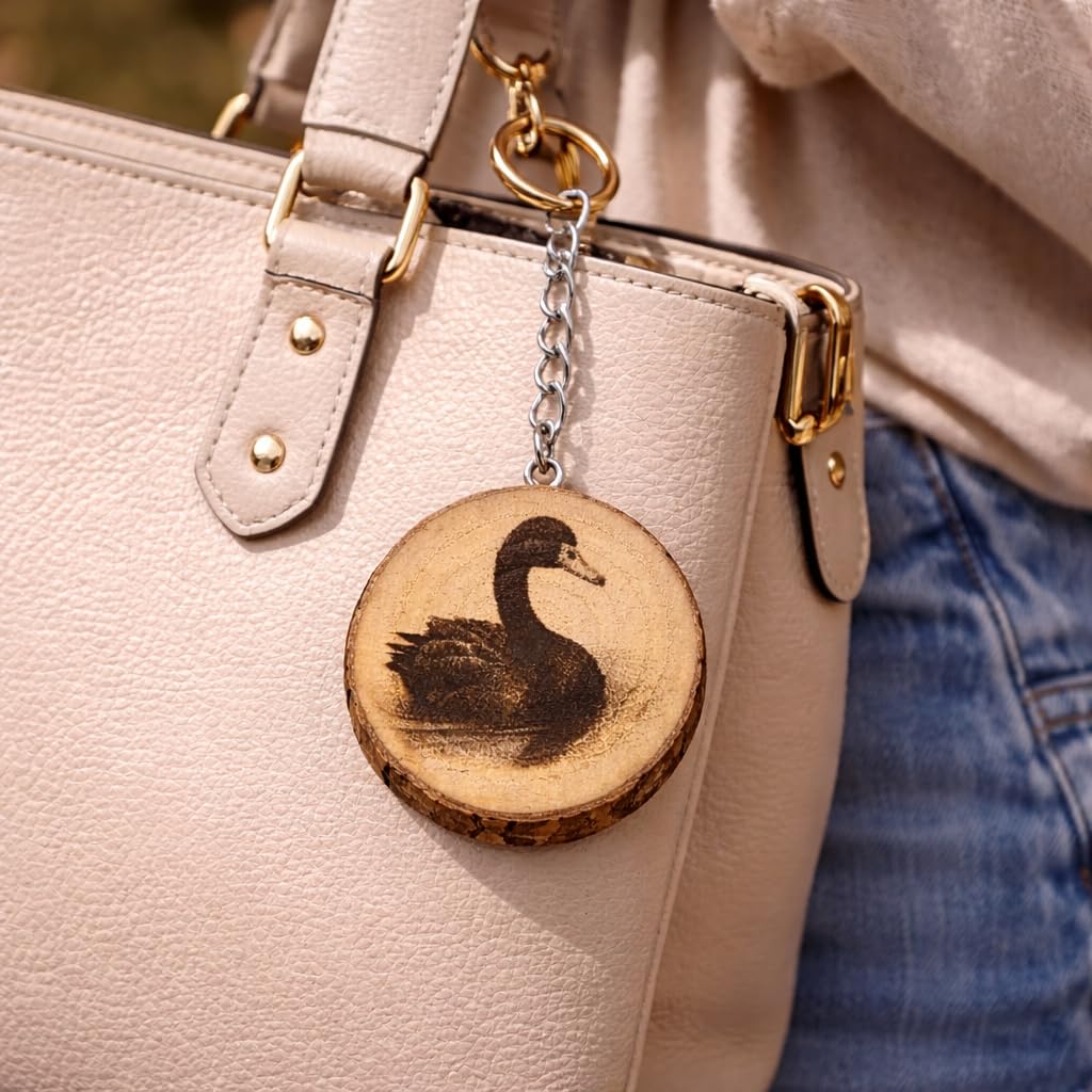 Promotech Schwarzer Schwan Handgefertigter Lasergravierter Holz-Schlüsselanhänger – Einzigartiger Naturholz-Schlüsselring für Tierliebhaber & Symbol der Eleganz
