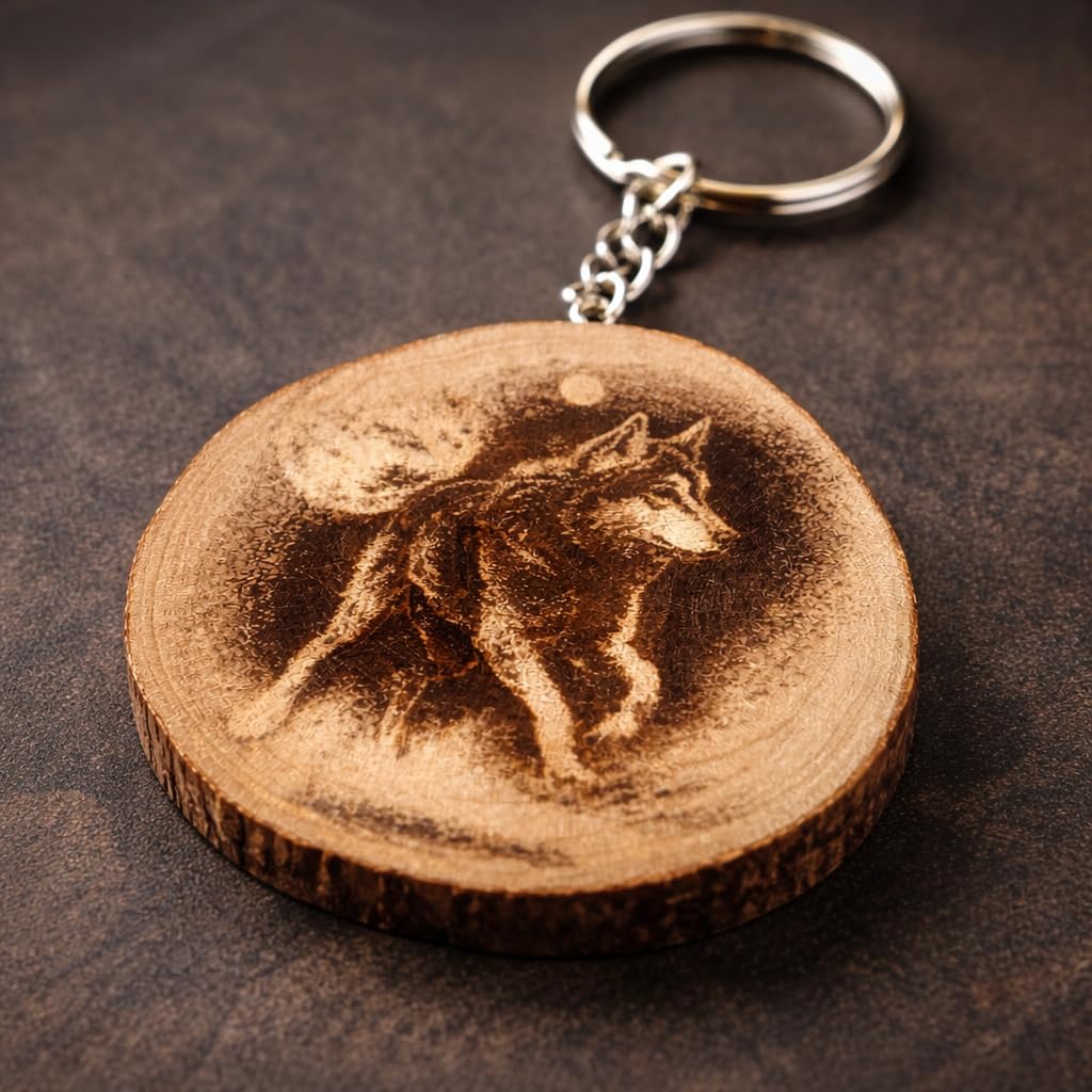Wolfsjagd bei Vollmond Lasergravierter Holz Schlüsselanhänger