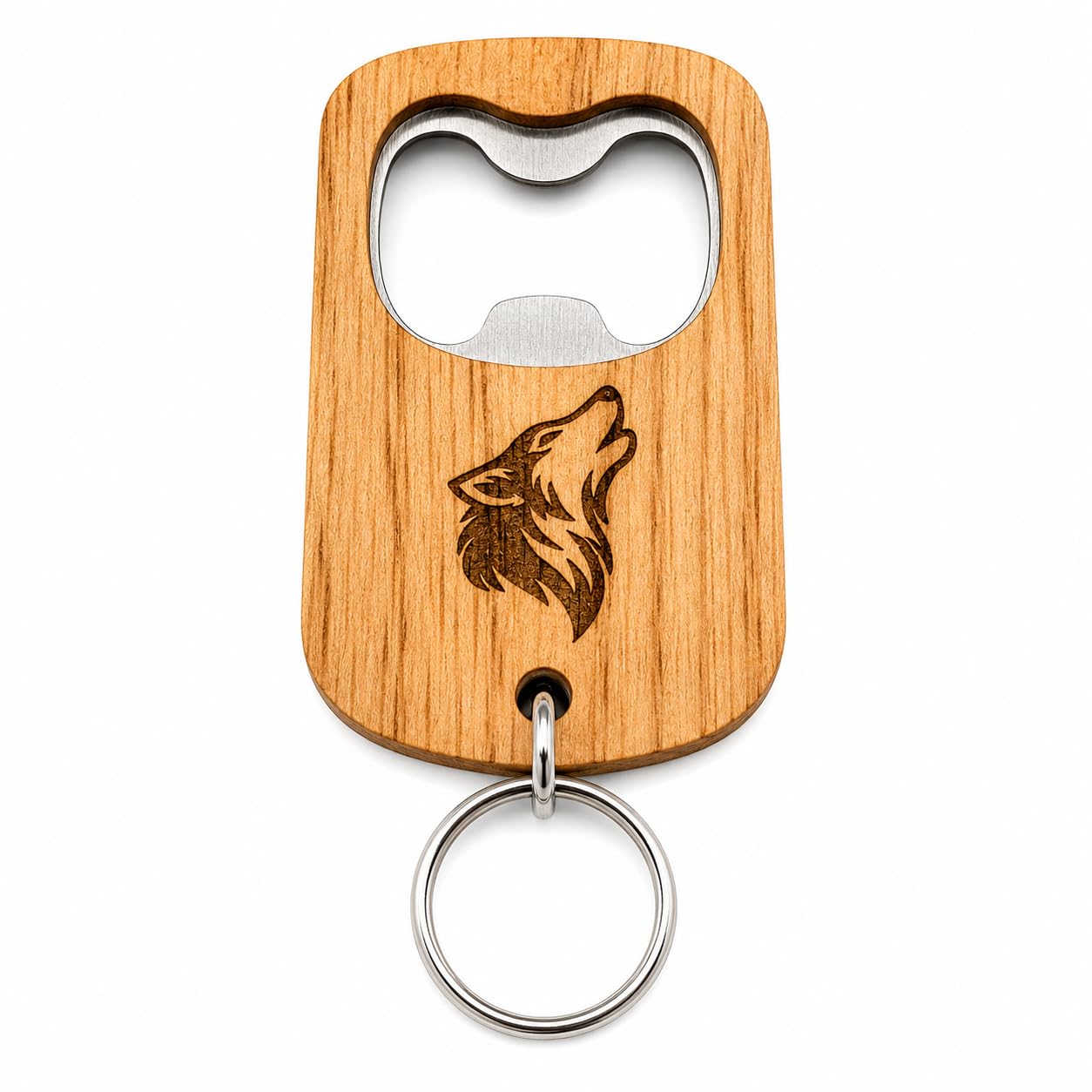 Holz Flaschenöffner Wolf mit Edelstahl-Einsatz