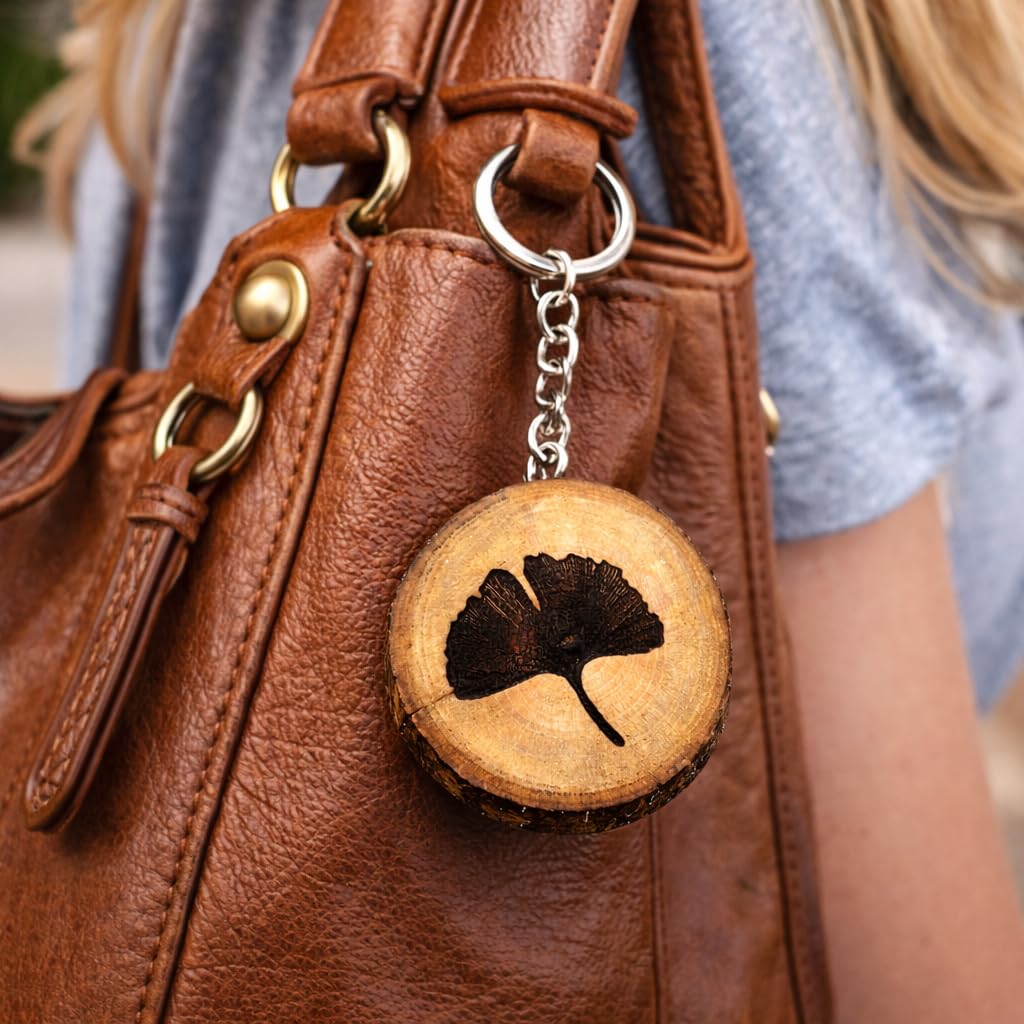 Ginkgo Biloba Lasergravierter Holz Schlüsselanhänger