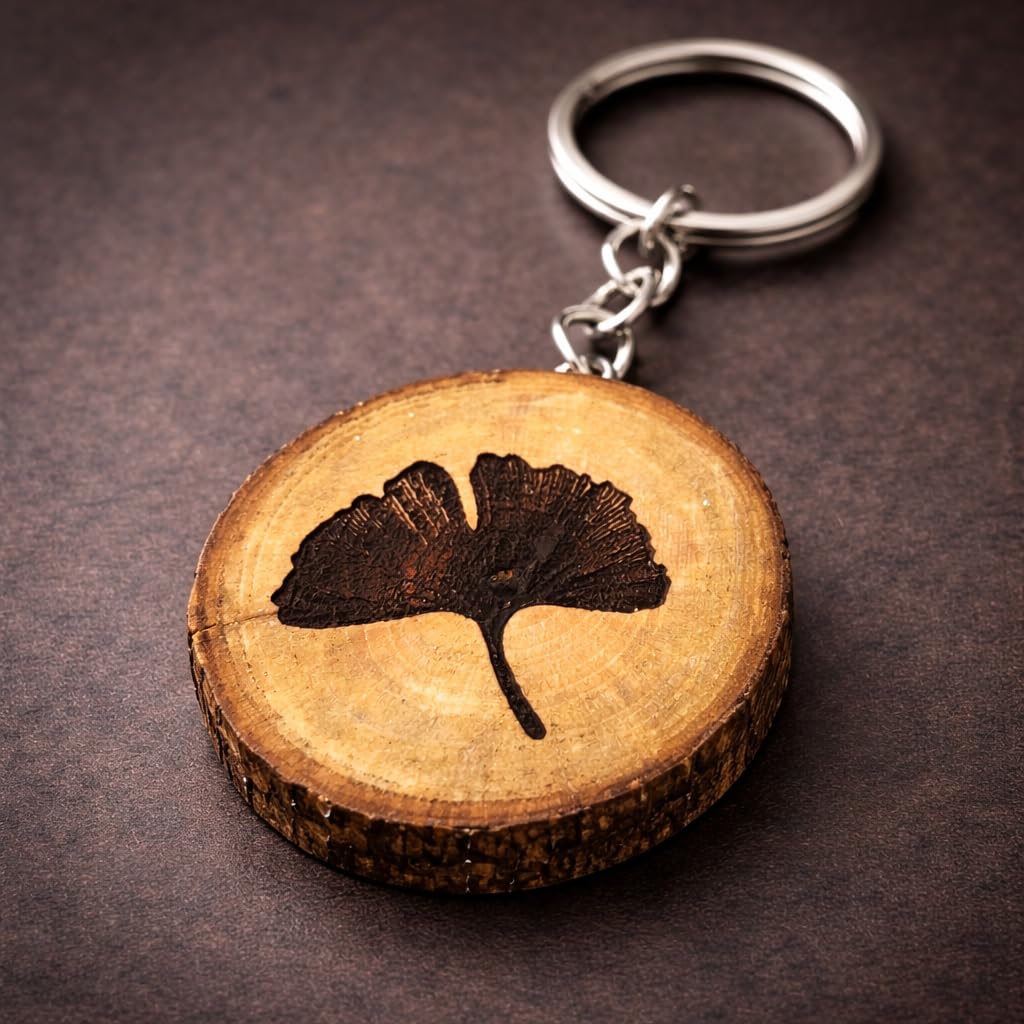 Ginkgo Biloba Lasergravierter Holz Schlüsselanhänger