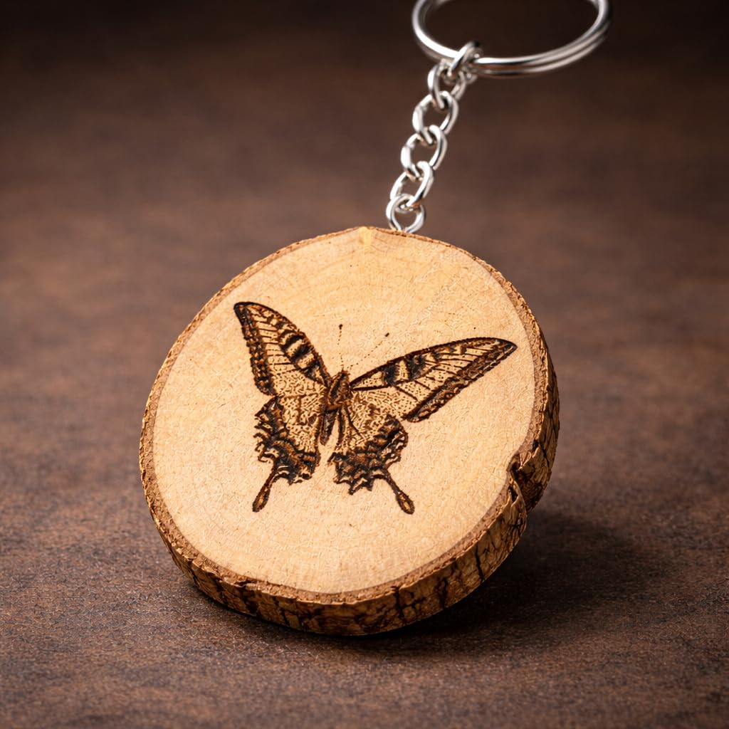 Promotech Ritterfalter Schmetterling Handgefertigter Lasergravierter Einzelstück Schlüsselanhänger aus Holz – Naturholz, Insektenmotiv, Geschenkidee für Naturliebhaber und Schmetterlingsfreunde