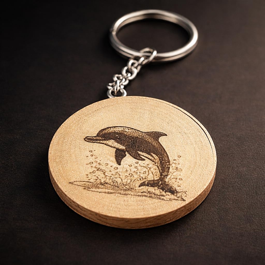 Planschender Delfin Lasergravierter Holz Schlüsselanhänger