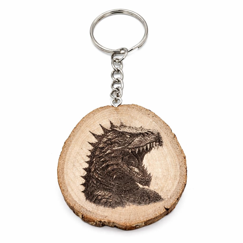 Promotech Godzilla Holz Schlüsselanhänger – Handgefertigt, Lasergraviert, Einzigartiges Design, Geschenkidee für Filmfans, Naturholz Anhänger für Schlüssel, Tasche & Rucksack