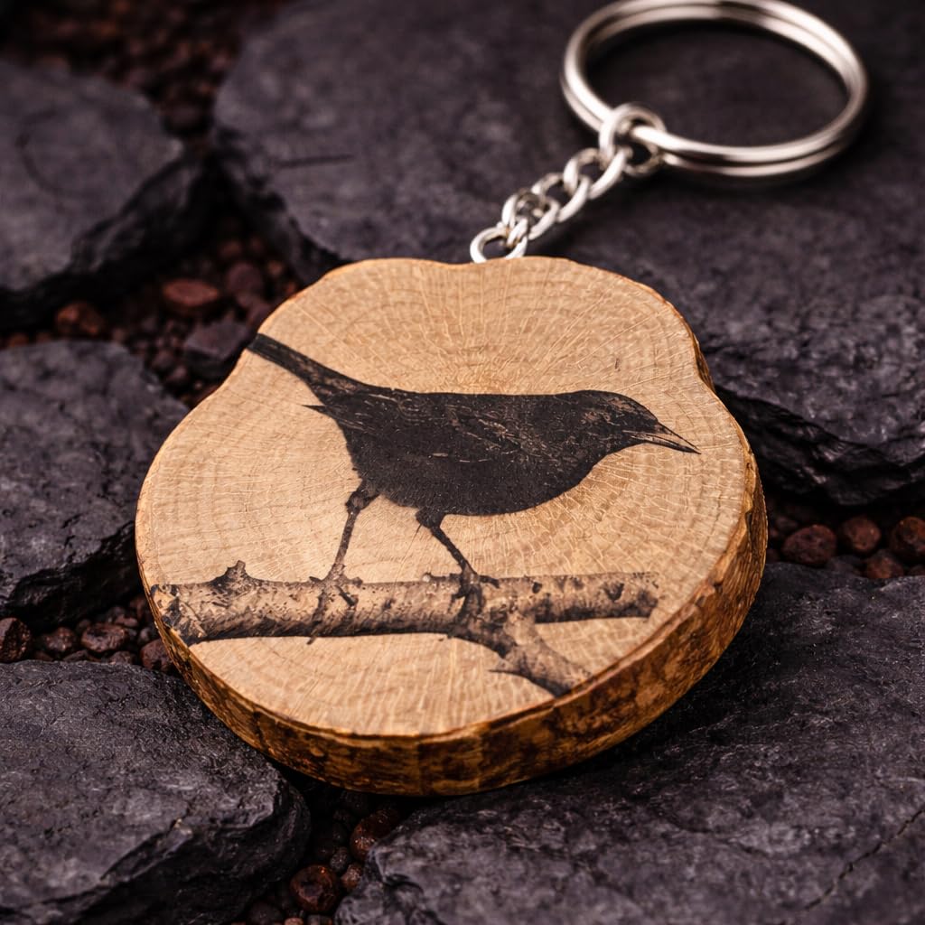 Amsel Lasergravierter Holz Schlüsselanhänger