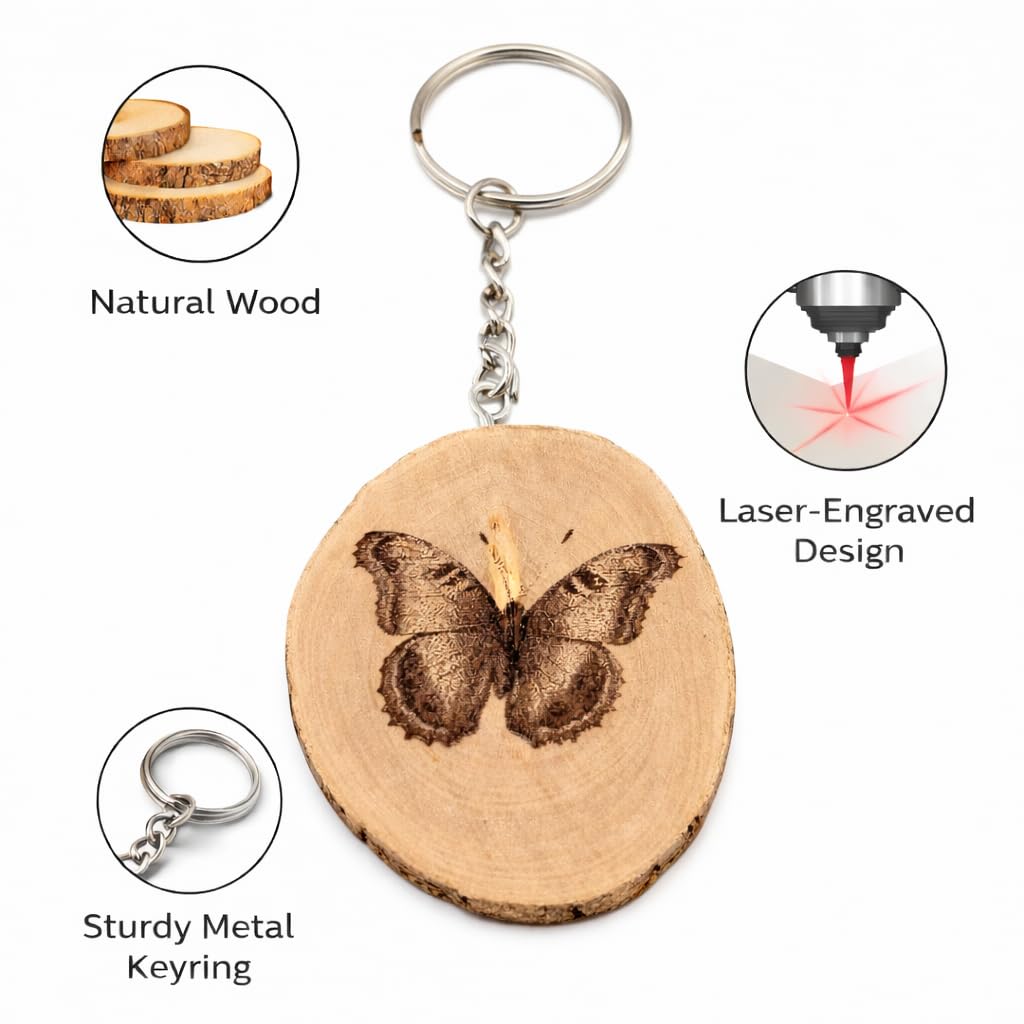 Promotech Tagpfauenauge Schmetterling Handgefertigter Lasergravierter Einzelstück Schlüsselanhänger aus Holz – Naturgetreues Insektenmotiv für Tierliebhaber & Schmetterlingsfreunde