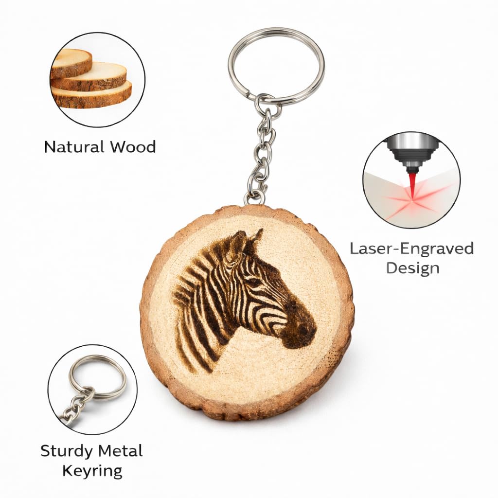 Promotech Majestätisches Zebra Handgefertigter Lasergravierter Einzelstück Schlüsselanhänger aus Holz – Tiermotiv, Naturholz, Geschenkidee für Safari- und Tierliebhaber