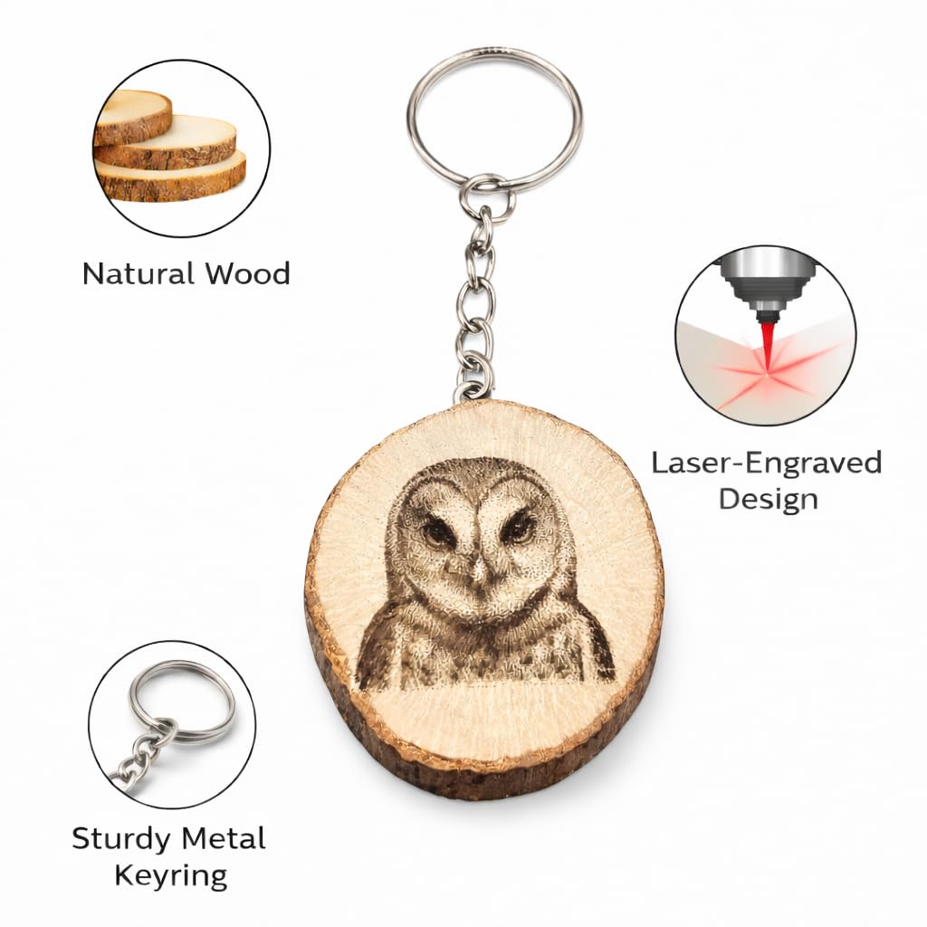 Promotech Schleiereule Greifvogel Handgefertigter Lasergravierter Holz-Schlüsselanhänger – Einzigartiger Naturholz-Schlüsselring für Tierliebhaber & Eulenfreunde