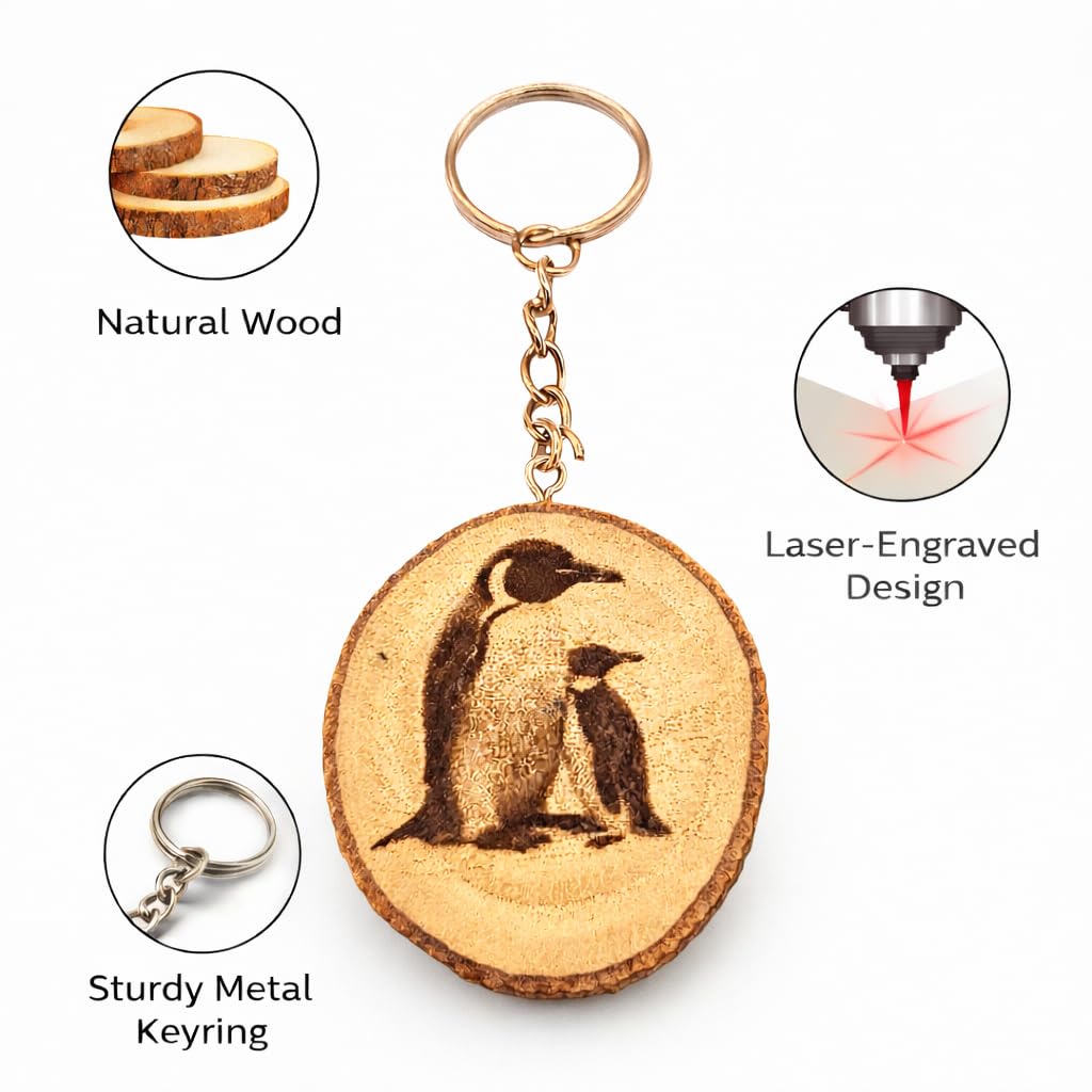 Promotech Kaiserpinguin Handgefertigter Lasergravierter Einzelstück Schlüsselanhänger aus Holz – Tiermotiv, Naturholz, Geschenkidee für Tierliebhaber und Naturliebhaber