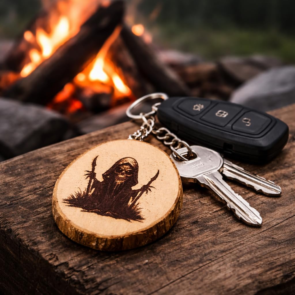 Promotech Sensenmann Grim Reaper Handgefertigter Lasergravierter Einzelstück Schlüsselanhänger aus Holz – Düsteres Design für Fans von Horror & Gothic