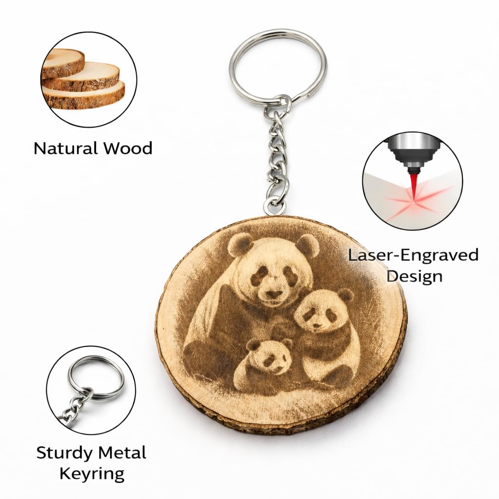 Promotech Panda Familie Handgefertigter Lasergravierter Holz-Schlüsselanhänger – Einzigartiger Naturholz-Schlüsselring für Tierliebhaber & Symbol für Familie und Zusammenhalt