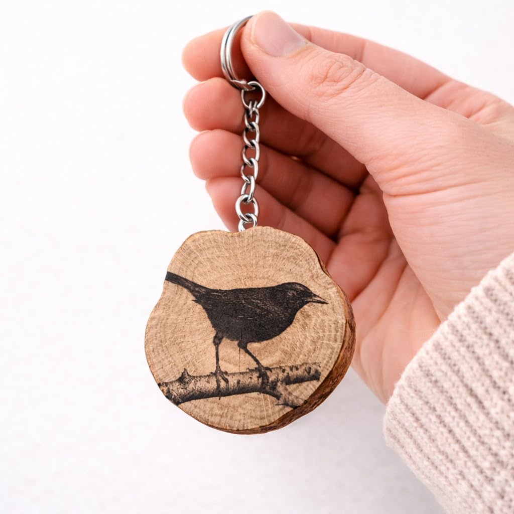 Amsel Lasergravierter Holz Schlüsselanhänger
