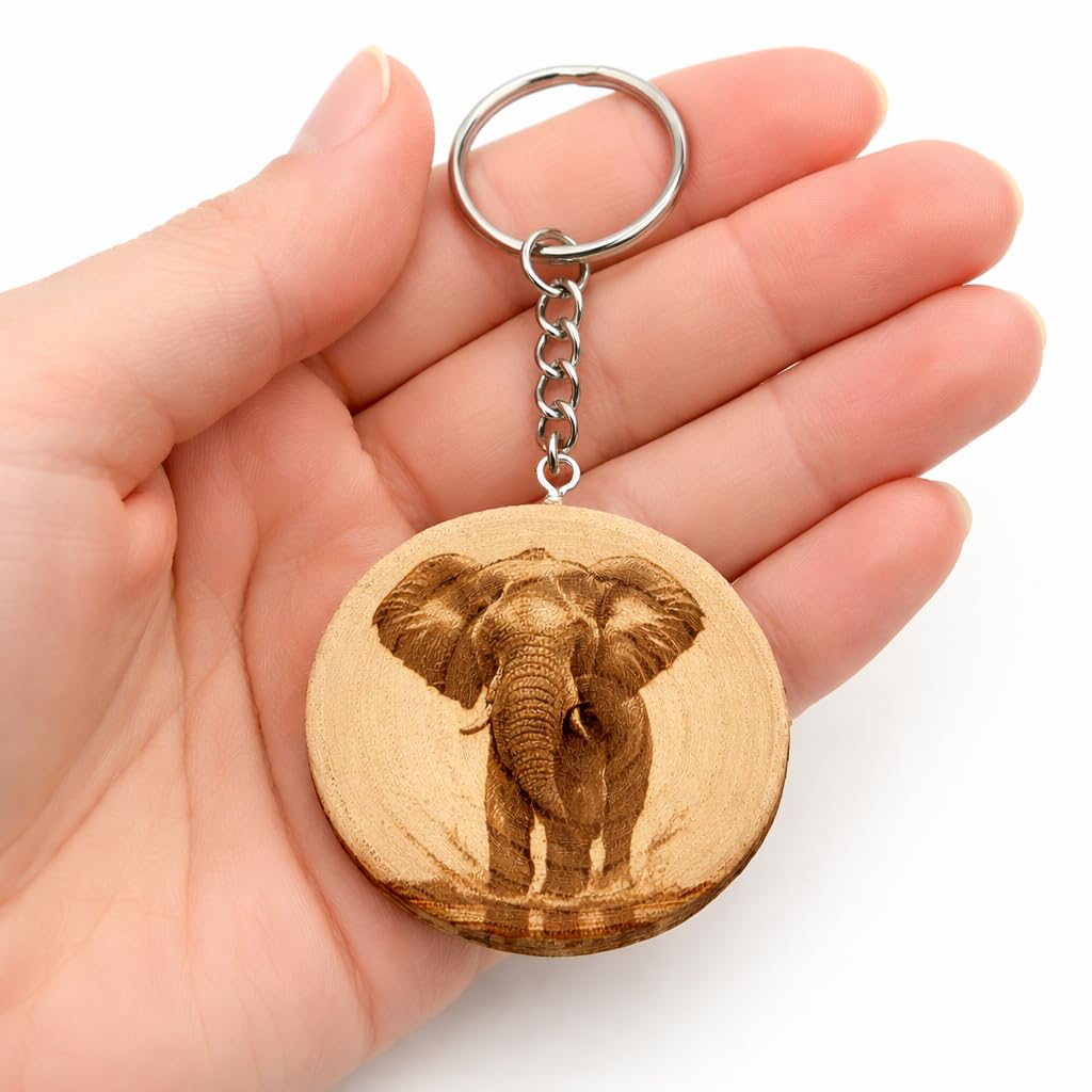 Promotech Elefant Handgefertigter Lasergravierter Einzelstück Schlüsselanhänger aus Holz – Symbol für Stärke und Weisheit