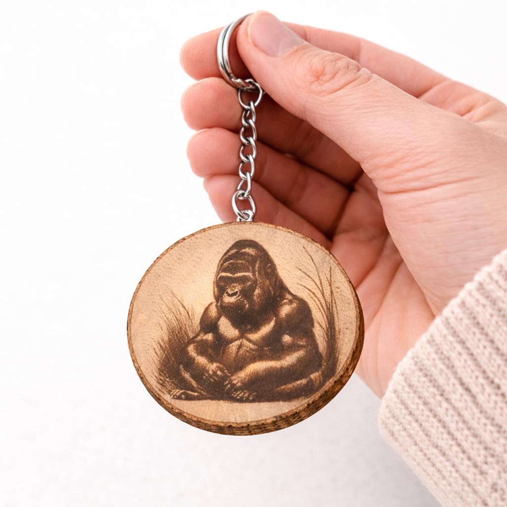 Promotech Entspannter Gorilla Schlüsselanhänger – Handgefertigter, Laser-gravierter Holz-Schlüsselring – Einzigartiges Einzelstück mit Gorilla-Motiv