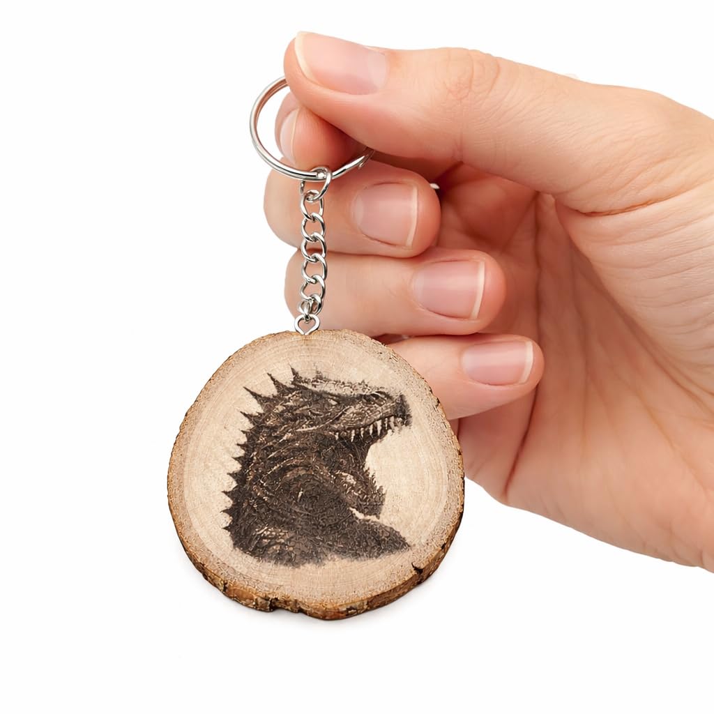 Promotech Godzilla Holz Schlüsselanhänger – Handgefertigt, Lasergraviert, Einzigartiges Design, Geschenkidee für Filmfans, Naturholz Anhänger für Schlüssel, Tasche & Rucksack
