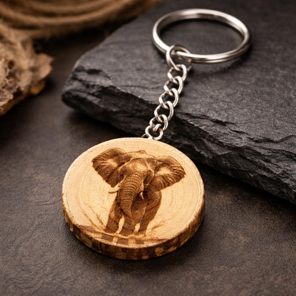 Promotech Elefant Handgefertigter Lasergravierter Einzelstück Schlüsselanhänger aus Holz – Symbol für Stärke und Weisheit
