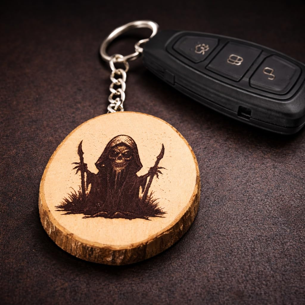 Promotech Sensenmann Grim Reaper Handgefertigter Lasergravierter Einzelstück Schlüsselanhänger aus Holz – Düsteres Design für Fans von Horror & Gothic
